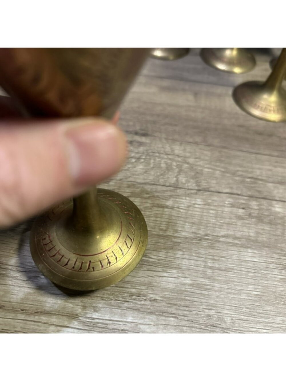 Set Of 5 Brass Goblets Hand-Etched Decorative Red Detailing Vintage Drinkware - Picture 4 of 9